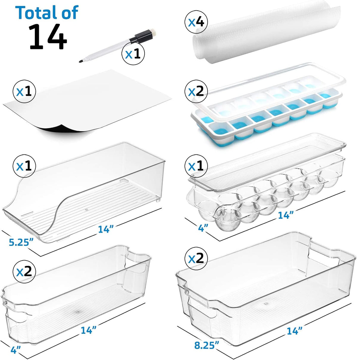 14-Piece Stackable Acrylic Refrigerator and Freezer Organizer Set - Clear Storage Bins